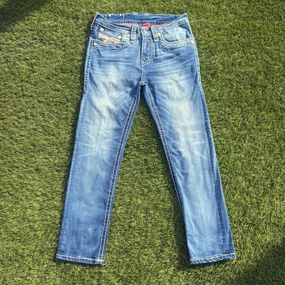 Rock Revival Men 34x29 Blue Denim Jeans Medium Wash Y2K Streetwear Embroidered